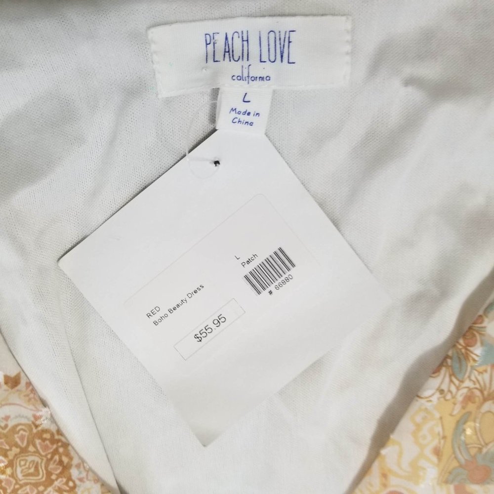 Dress. Aqua Tan Cream Gold. Paisley Floral Print. Peach Love Brand. Size L. NWT. - Picture 12 of 13